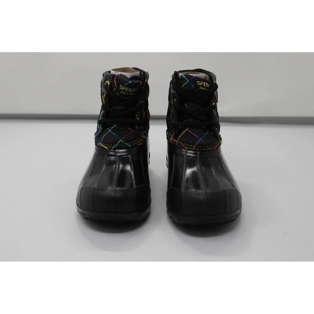 Sperry Port Rainbow Rain Duck Boots 10M Lace Up Quilted Black SCK166394